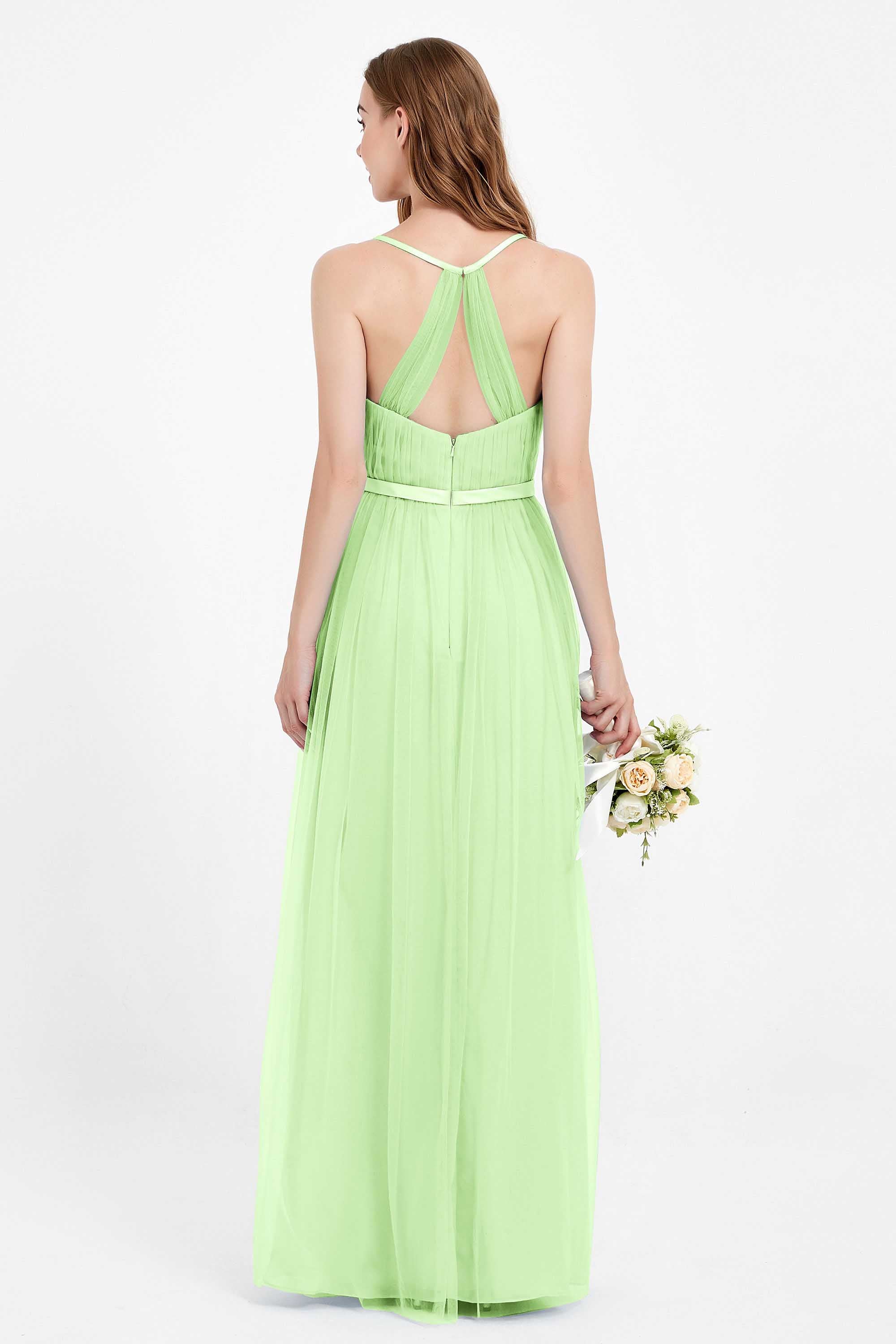 romantic maxi bridesmaid dress features a V neckline empire waist pleated formal evening dresses