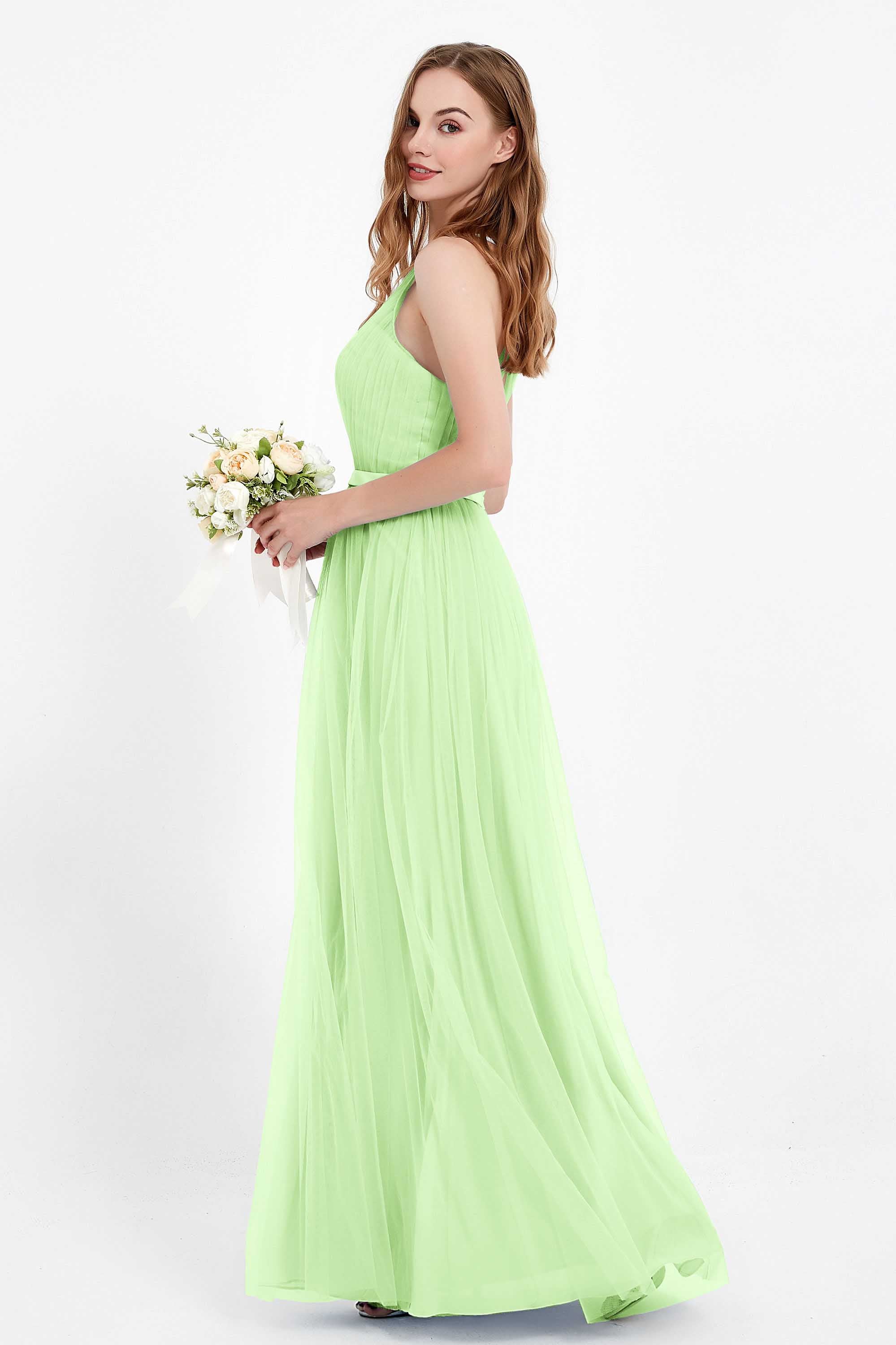 romantic maxi bridesmaid dress features a V neckline empire waist pleated formal evening dresses