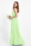 romantic maxi bridesmaid dress features a V neckline empire waist pleated formal evening dresses