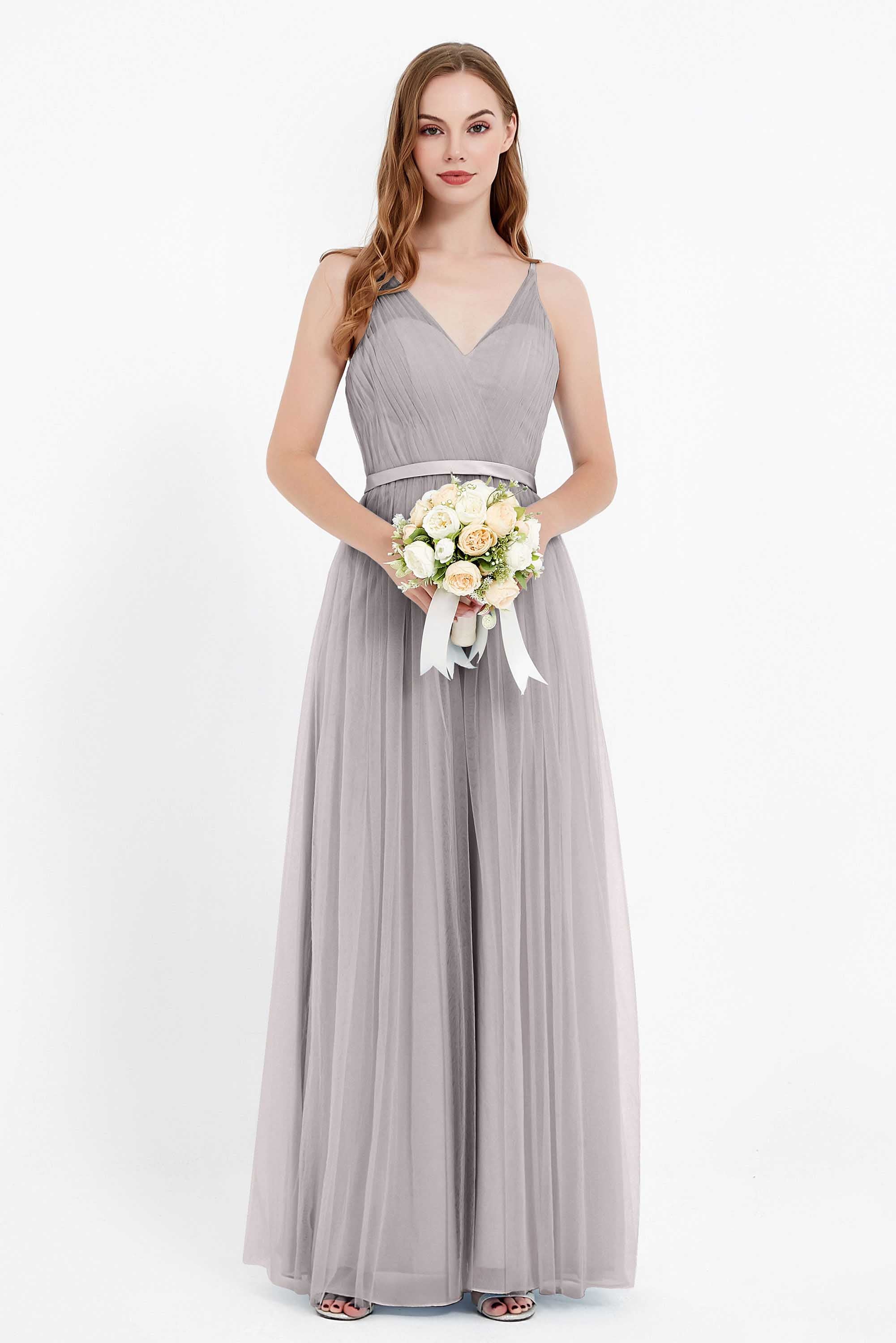 romantic maxi bridesmaid dress features a V neckline empire waist pleated formal evening dresses