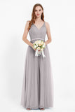 romantic maxi bridesmaid dress features a V neckline empire waist pleated formal evening dresses