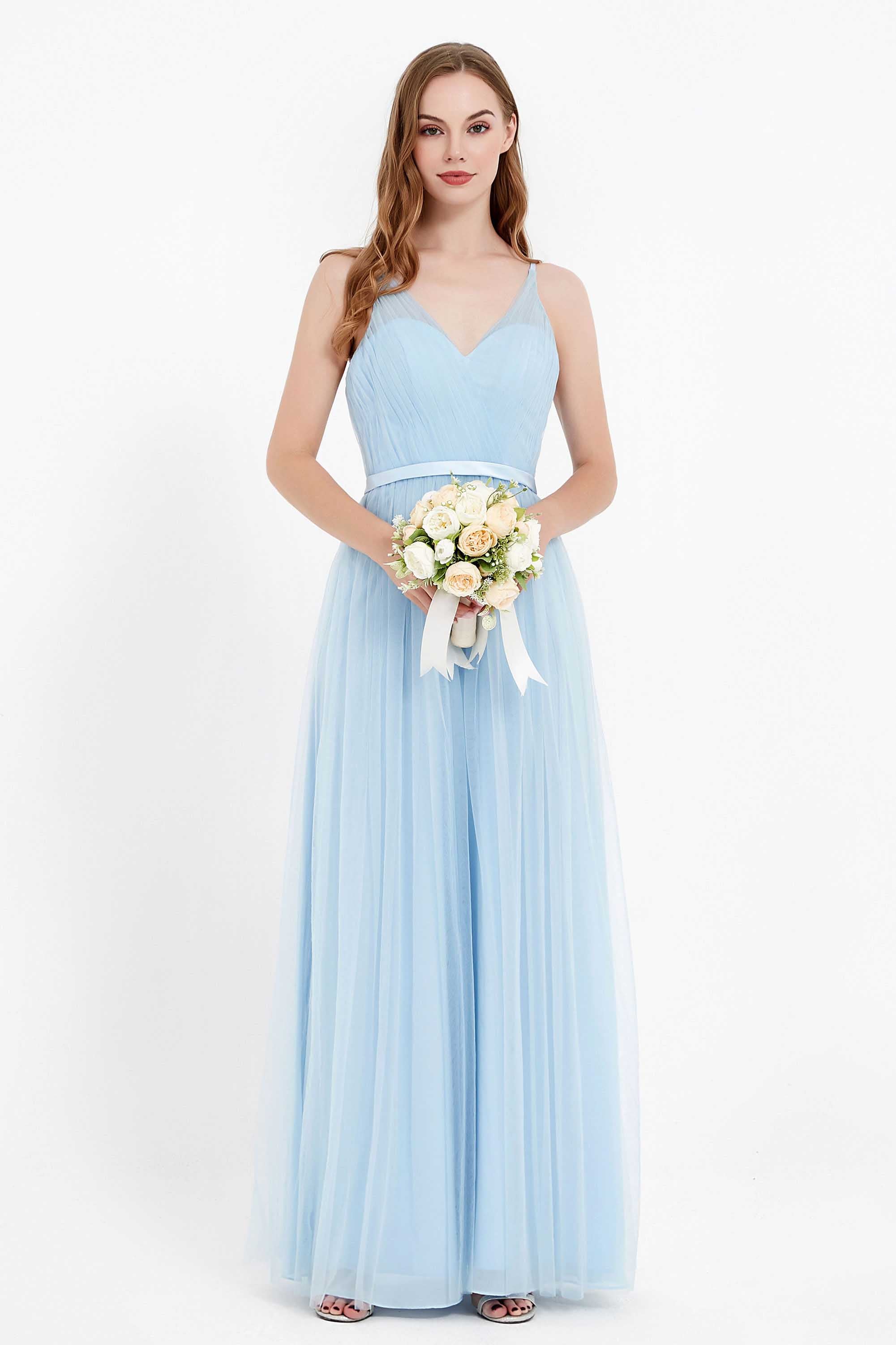 romantic maxi bridesmaid dress features a V neckline empire waist pleated formal evening dresses