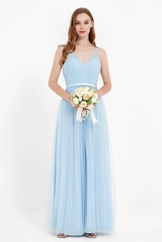 romantic maxi bridesmaid dress features a V neckline empire waist pleated formal evening dresses