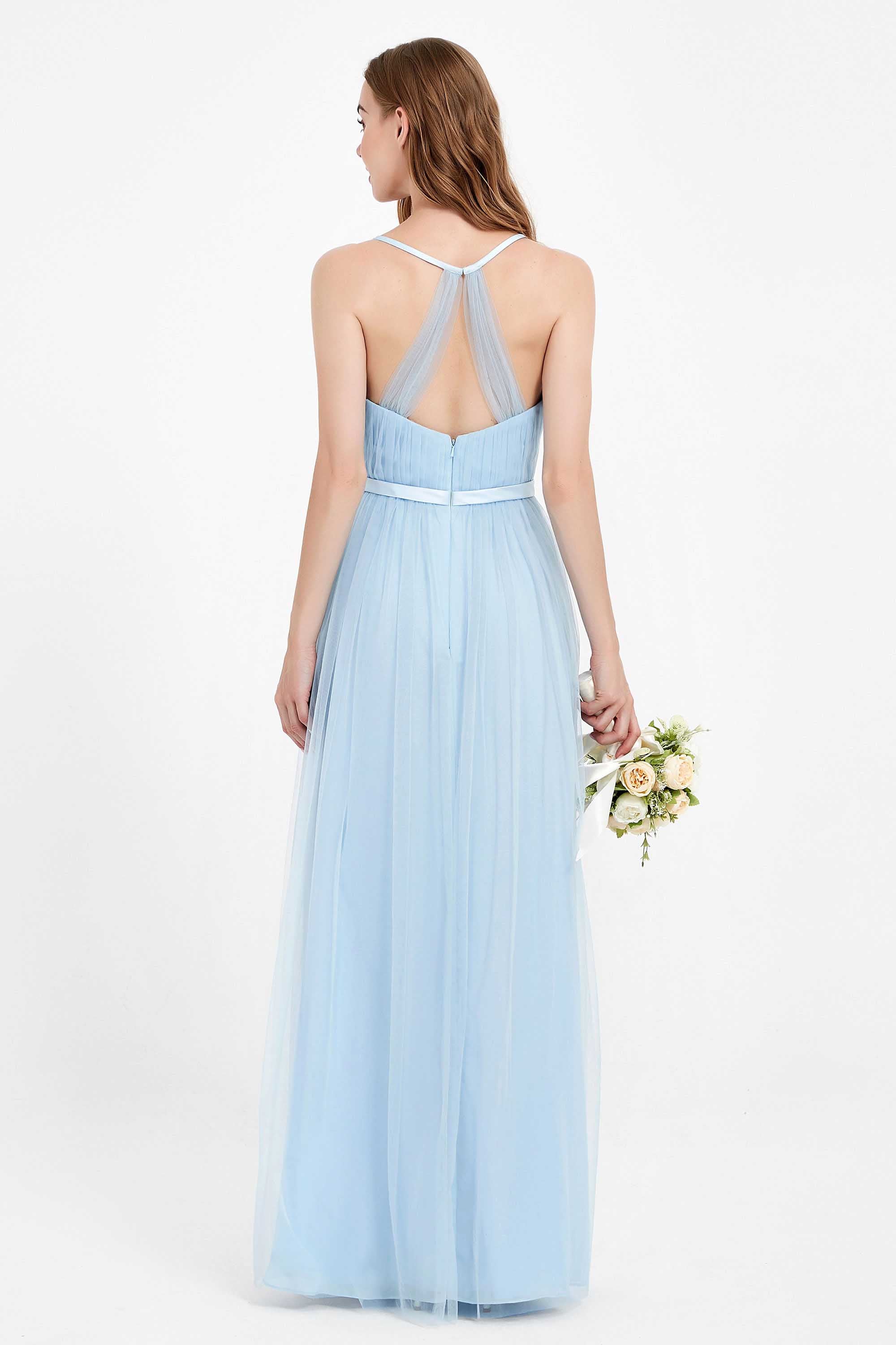 romantic maxi bridesmaid dress features a V neckline empire waist pleated formal evening dresses