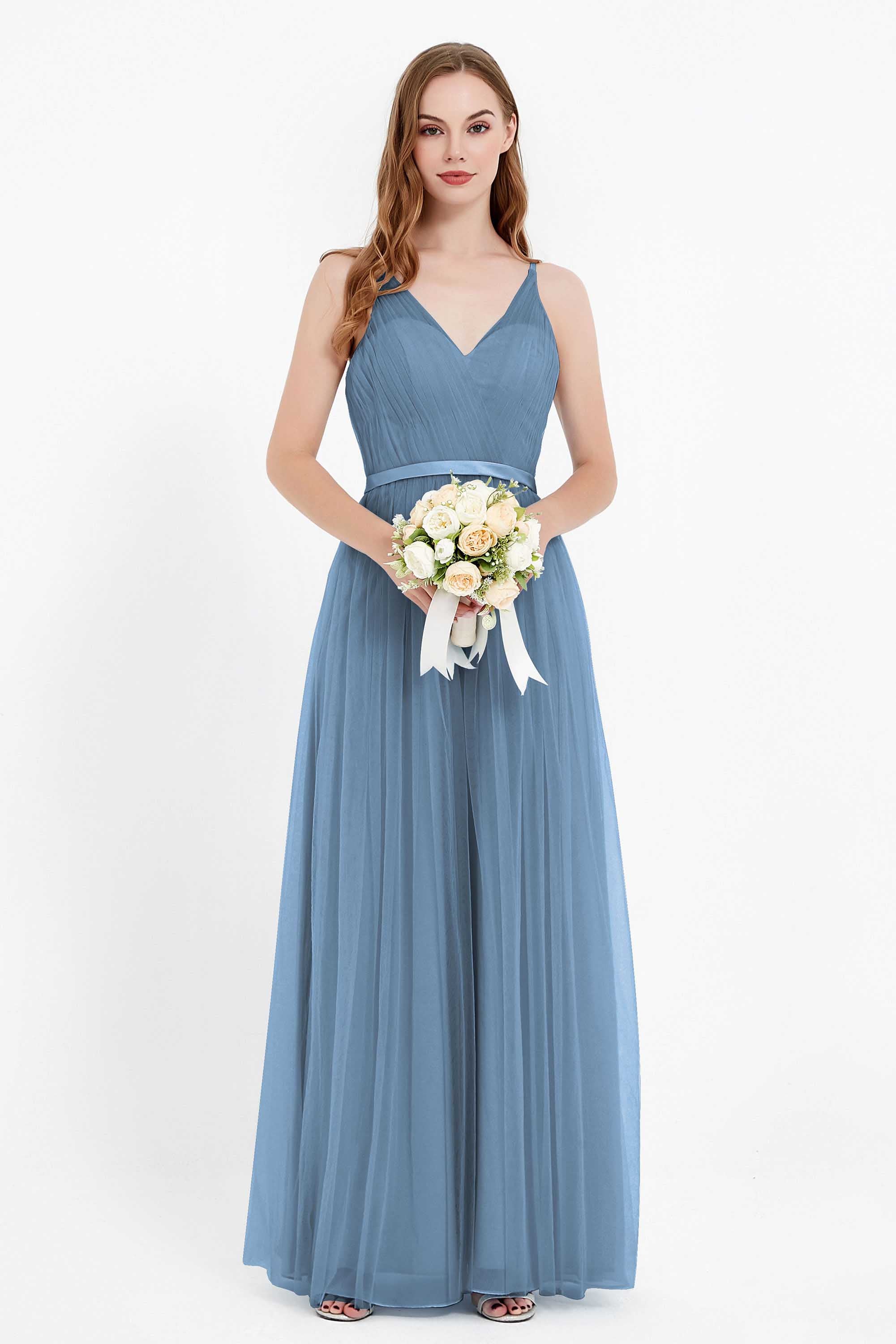 romantic maxi bridesmaid dress features a V neckline empire waist pleated formal evening dresses