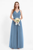 romantic maxi bridesmaid dress features a V neckline empire waist pleated formal evening dresses
