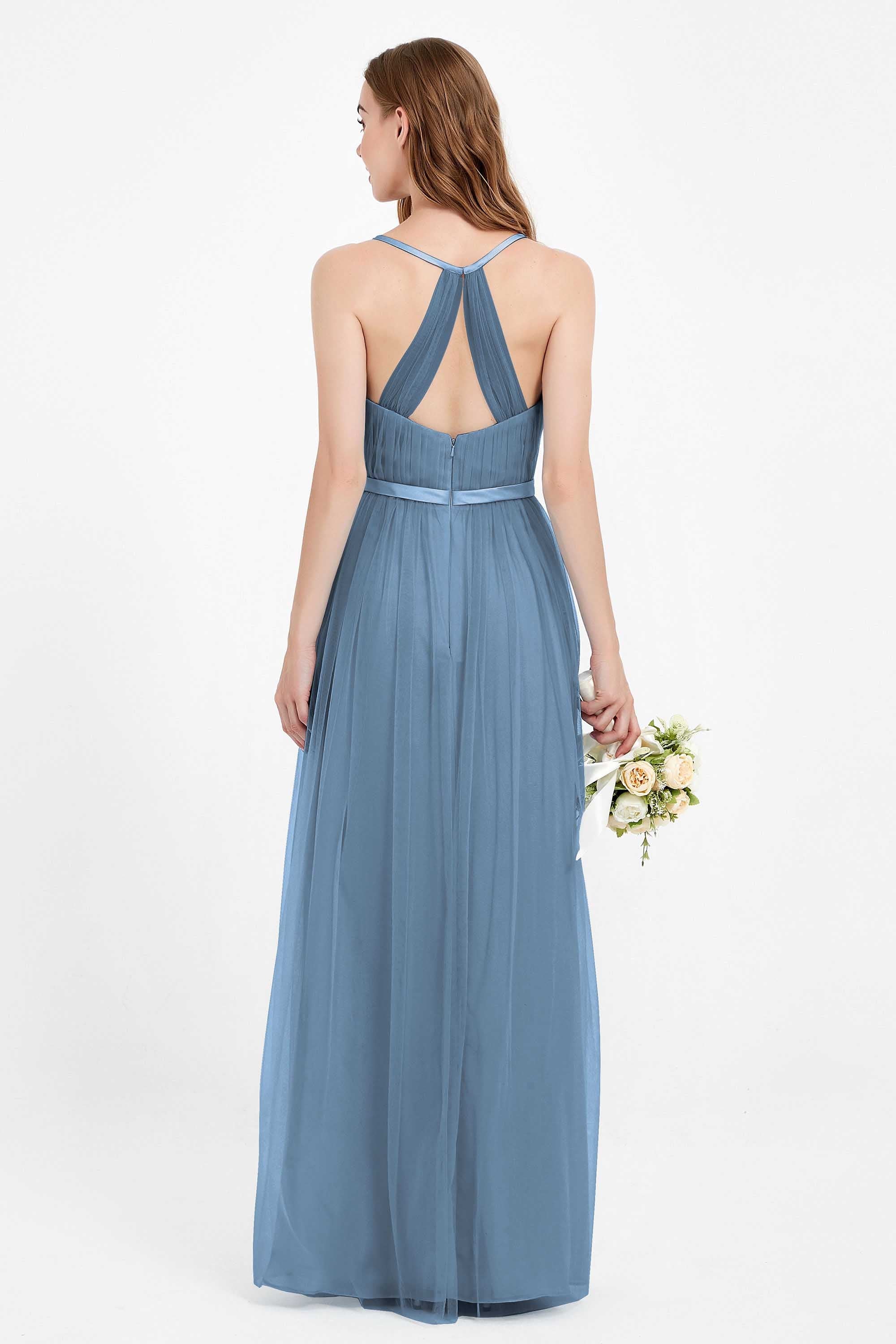 romantic maxi bridesmaid dress features a V neckline empire waist pleated formal evening dresses