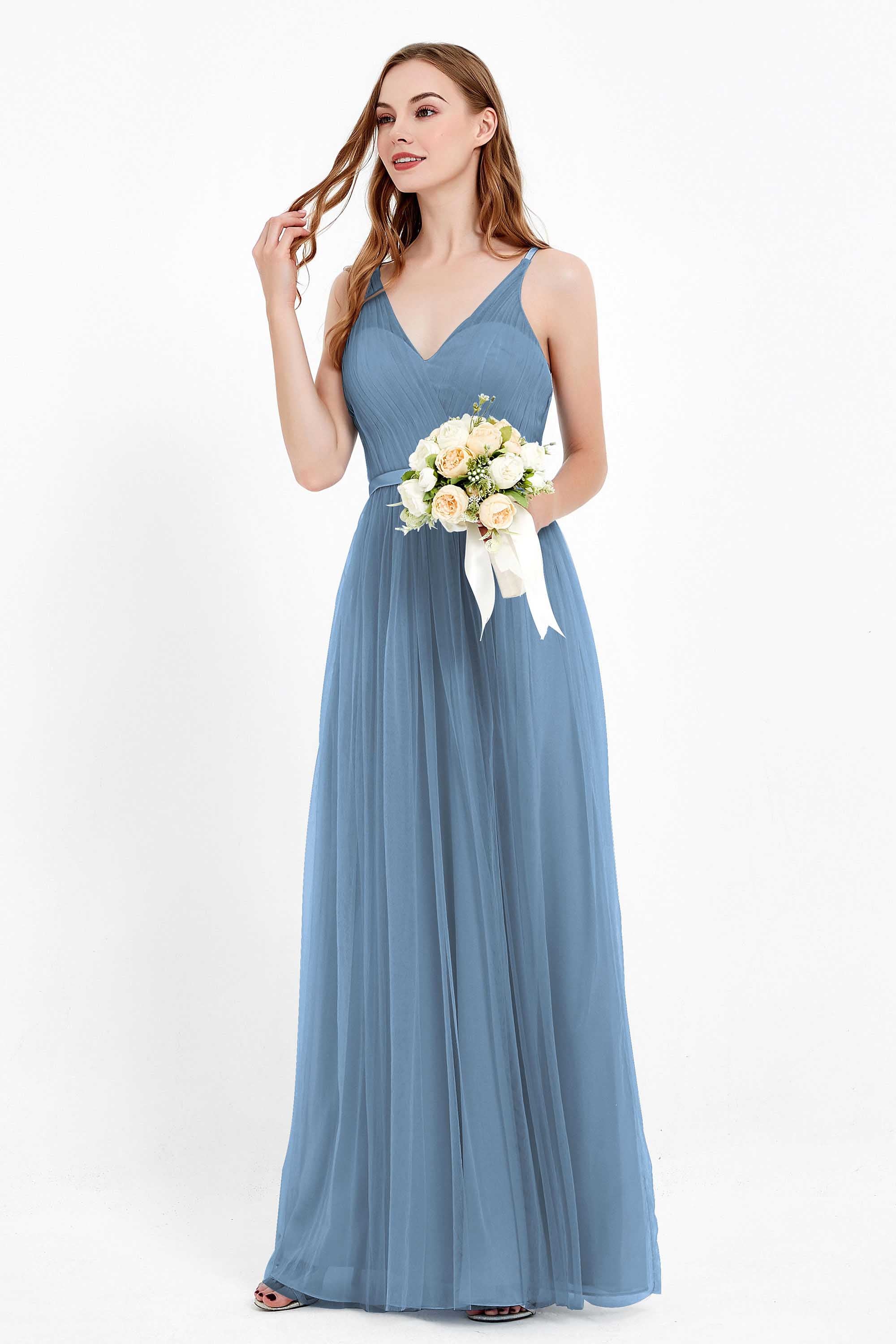 romantic maxi bridesmaid dress features a V neckline empire waist pleated formal evening dresses