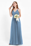 romantic maxi bridesmaid dress features a V neckline empire waist pleated formal evening dresses