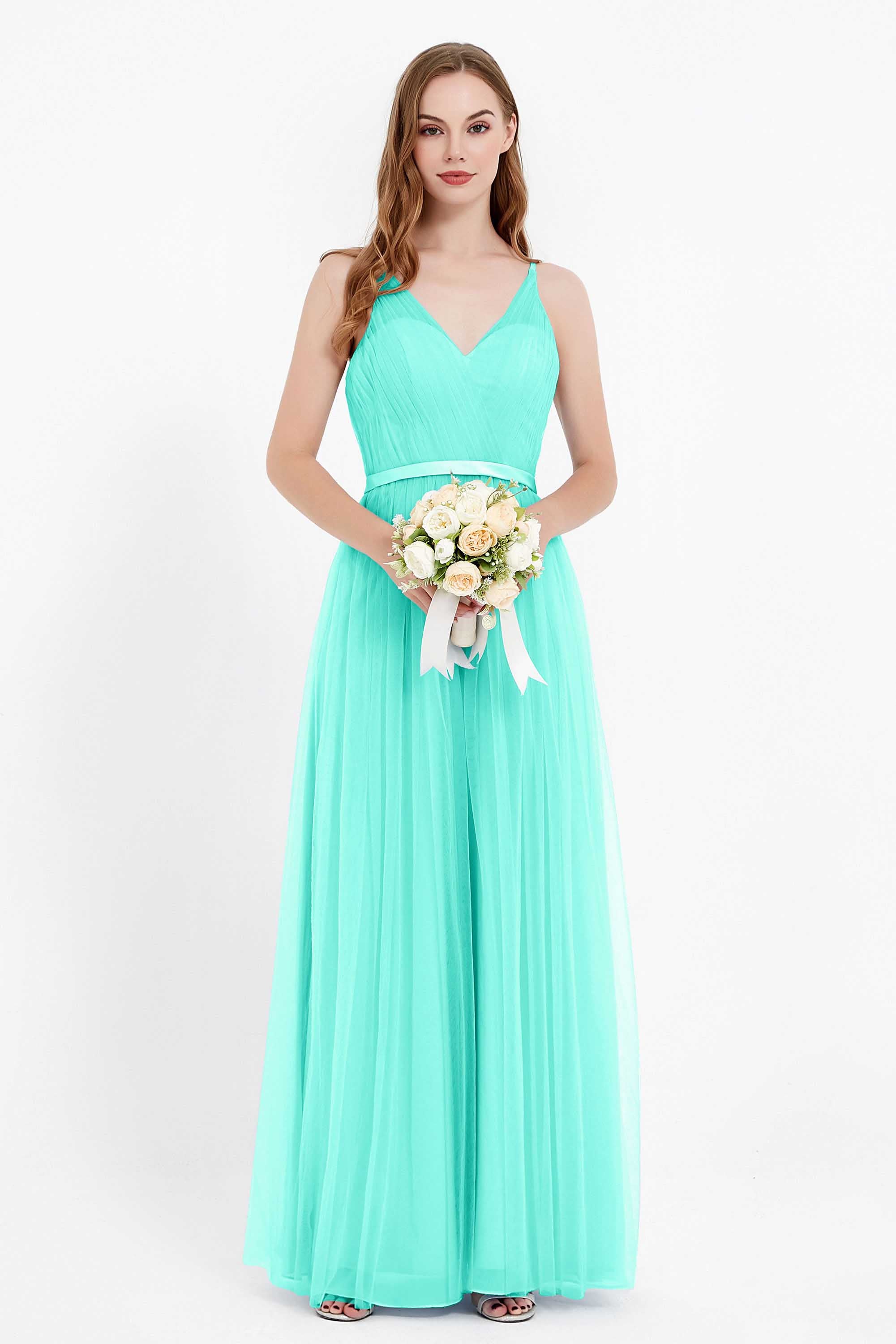 romantic maxi bridesmaid dress features a V neckline empire waist pleated formal evening dresses