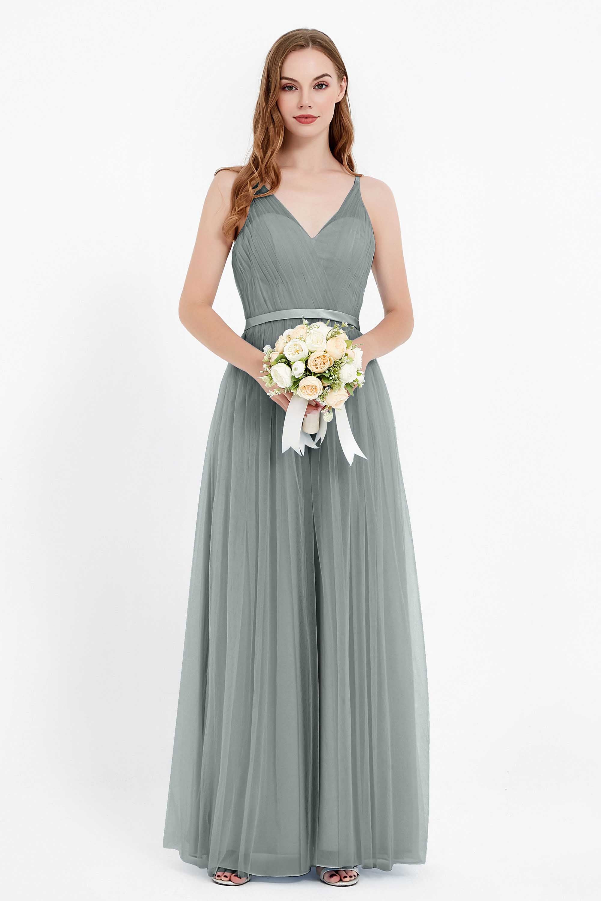 romantic maxi bridesmaid dress features a V neckline empire waist pleated formal evening dresses