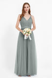 romantic maxi bridesmaid dress features a V neckline empire waist pleated formal evening dresses