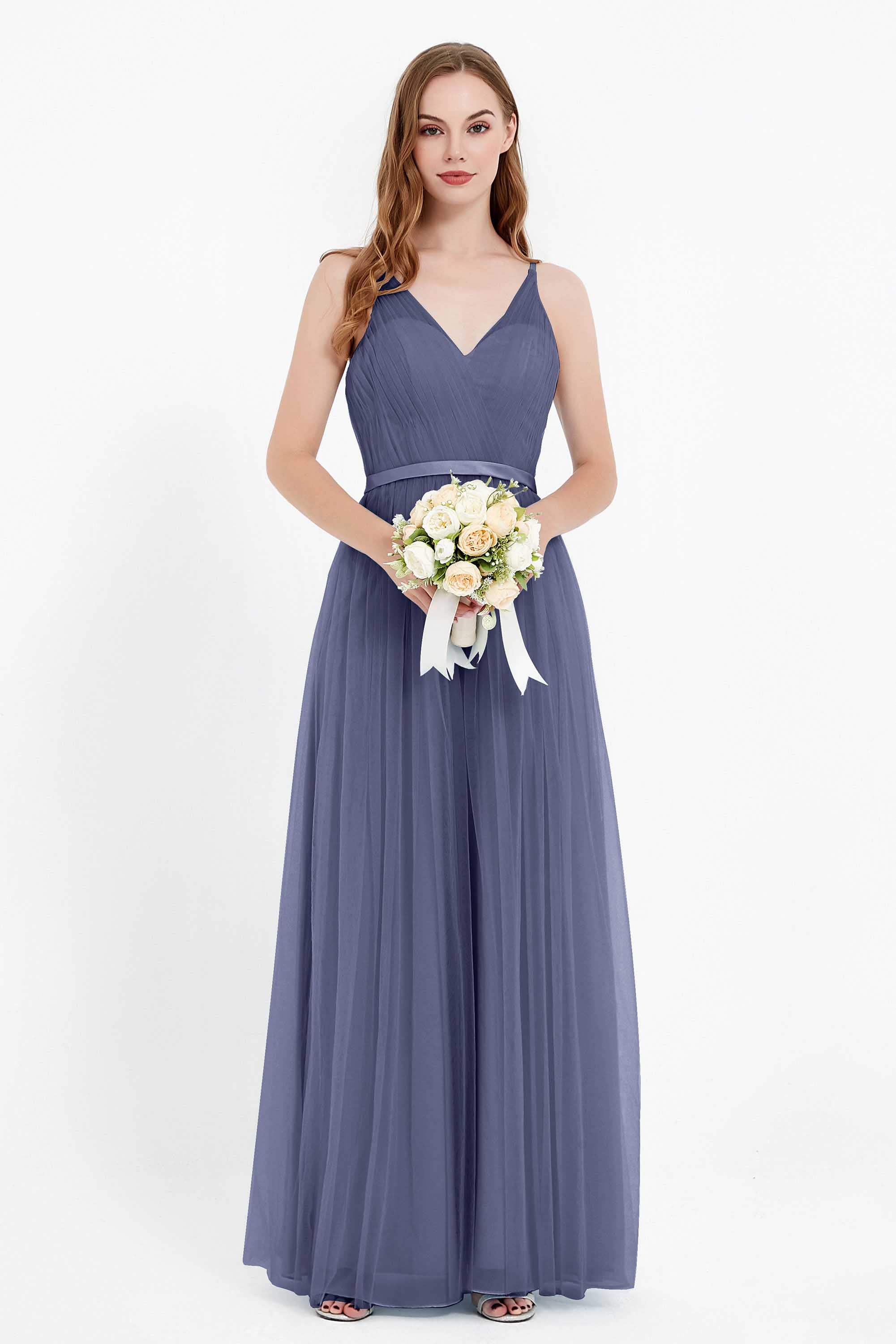 romantic maxi bridesmaid dress features a V neckline empire waist pleated formal evening dresses