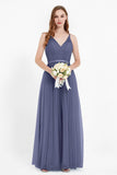 romantic maxi bridesmaid dress features a V neckline empire waist pleated formal evening dresses