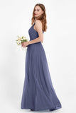romantic maxi bridesmaid dress features a V neckline empire waist pleated formal evening dresses
