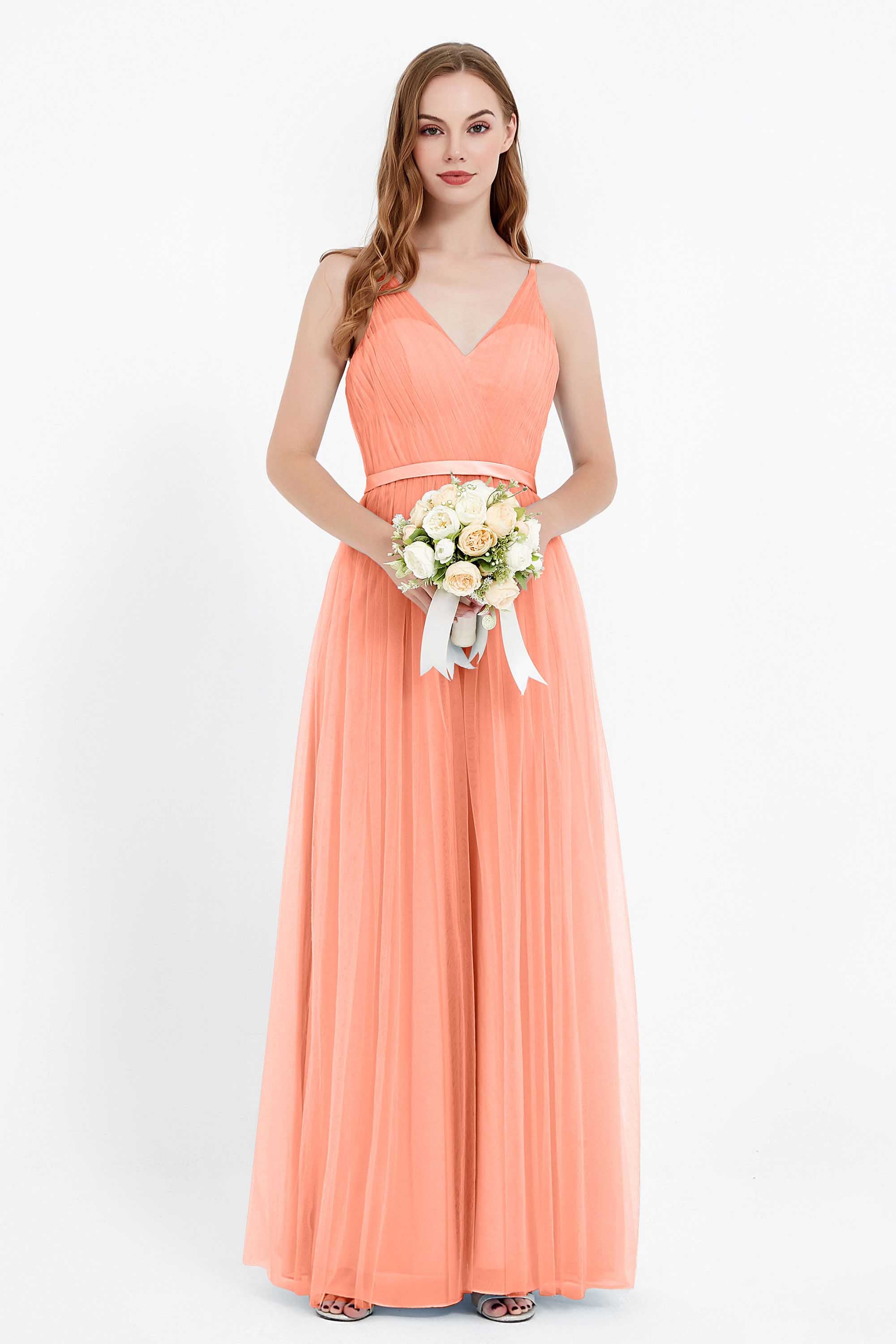 romantic maxi bridesmaid dress features a V neckline empire waist pleated formal evening dresses