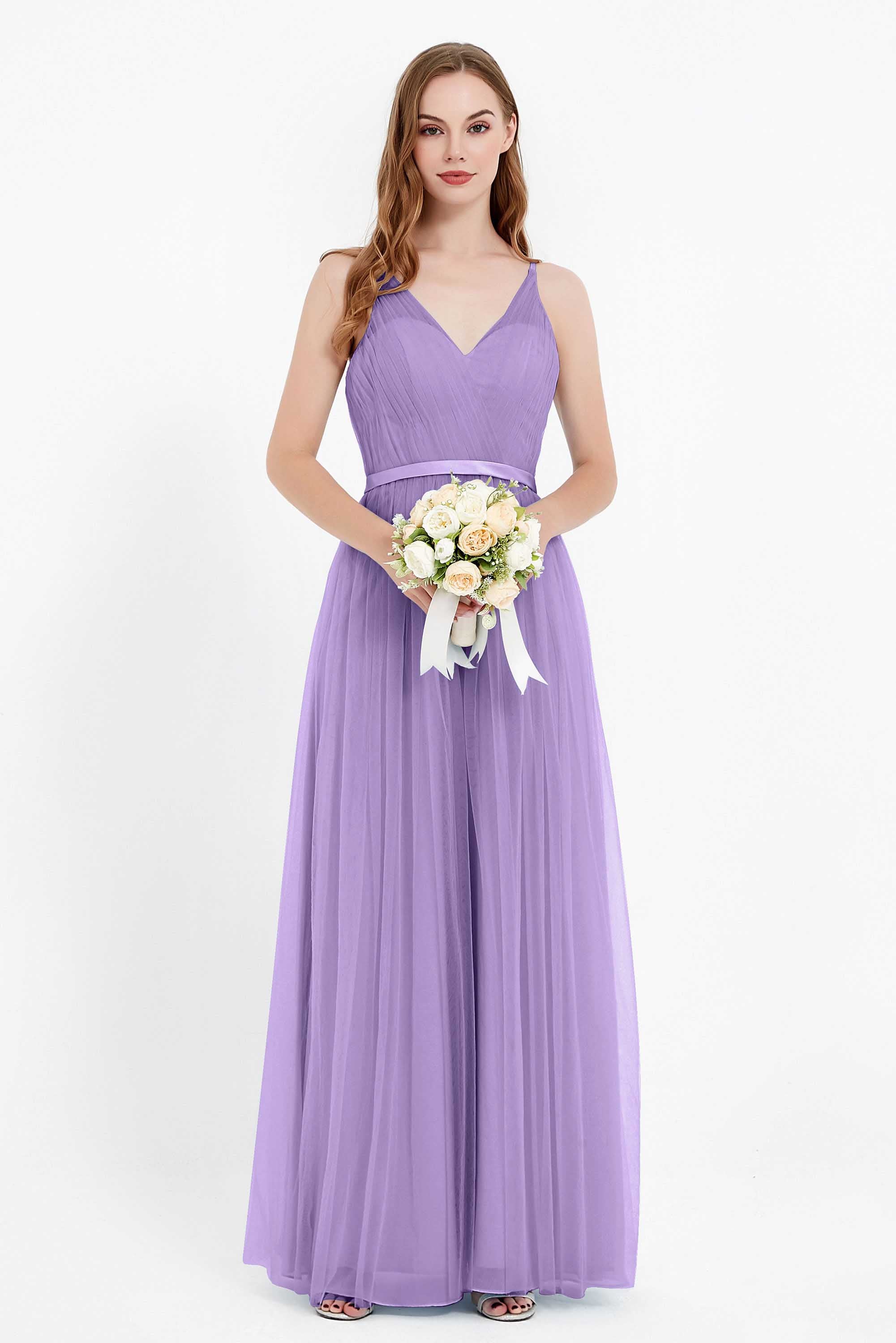 romantic maxi bridesmaid dress features a V neckline empire waist pleated formal evening dresses