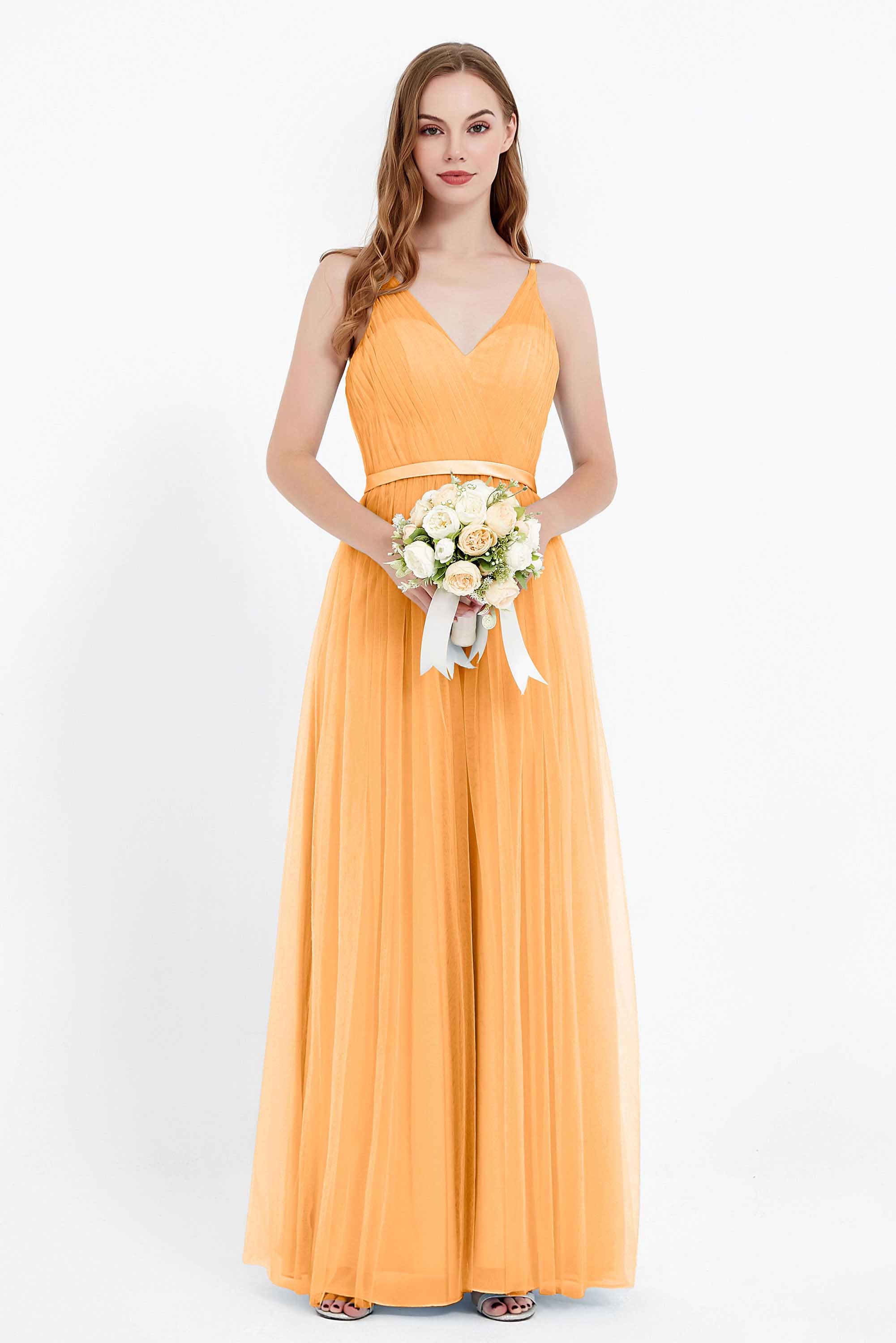 romantic maxi bridesmaid dress features a V neckline empire waist pleated formal evening dresses