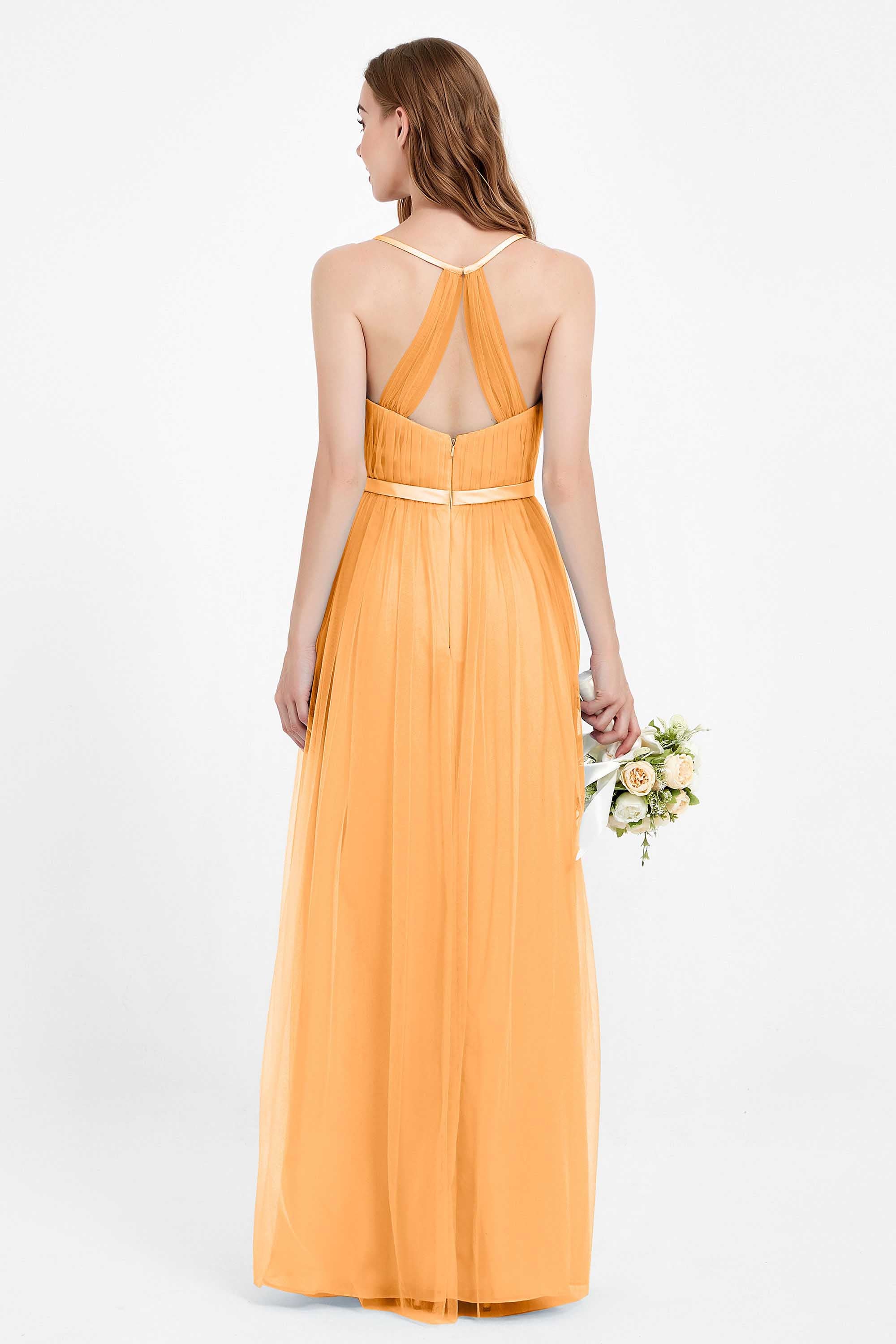 romantic maxi bridesmaid dress features a V neckline empire waist pleated formal evening dresses