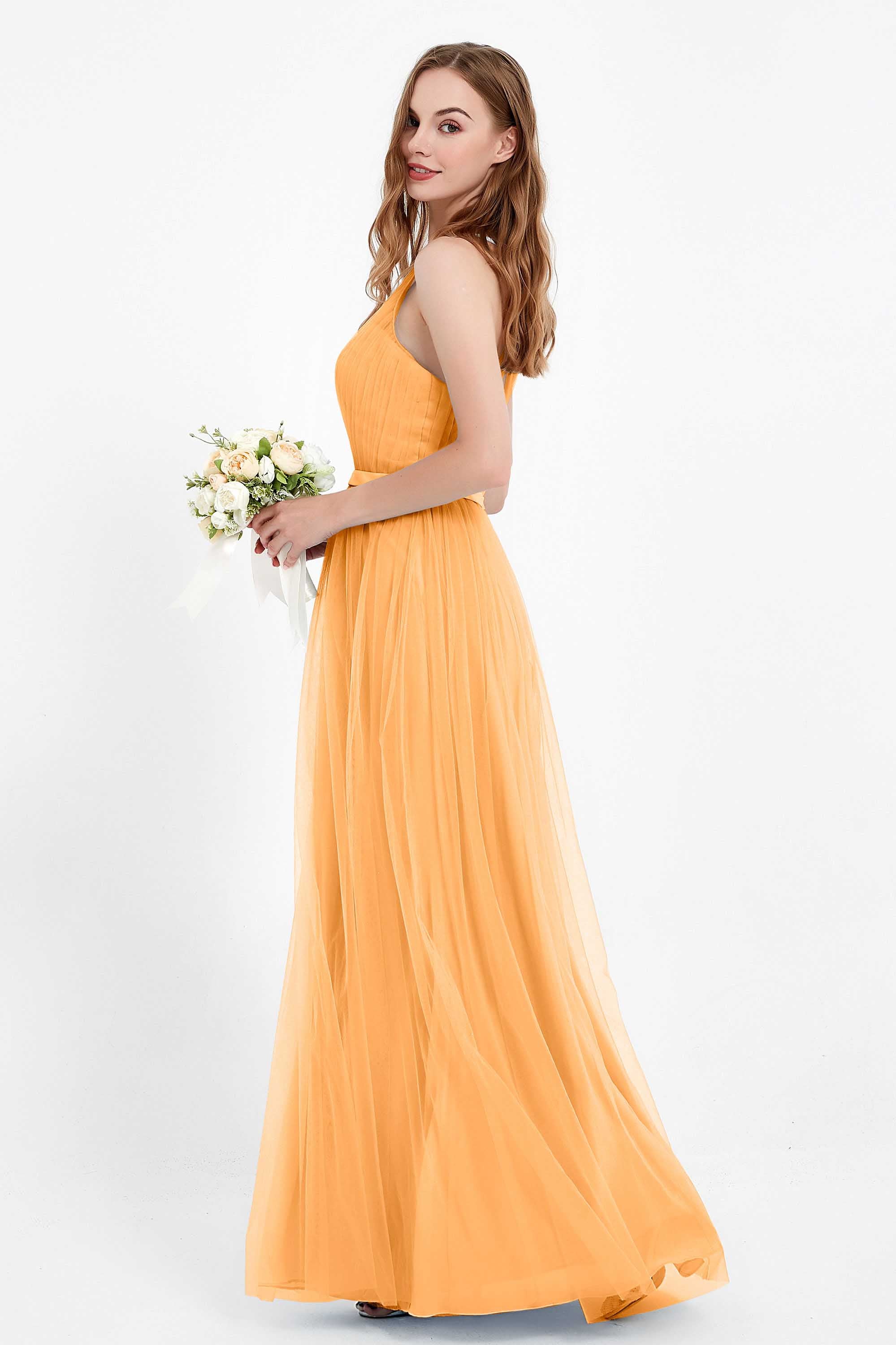 romantic maxi bridesmaid dress features a V neckline empire waist pleated formal evening dresses