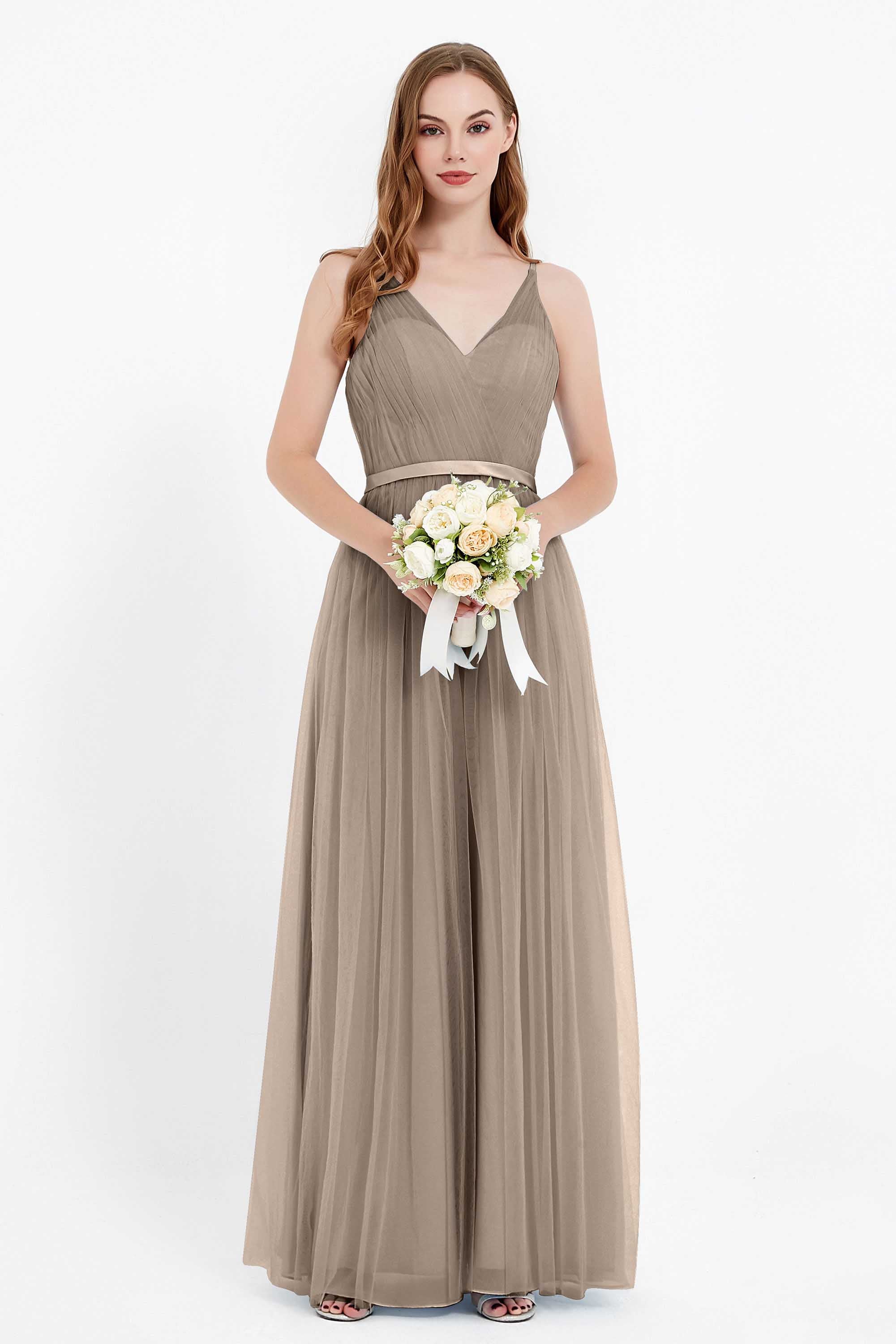 romantic maxi bridesmaid dress features a V neckline empire waist pleated formal evening dresses