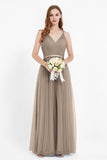 romantic maxi bridesmaid dress features a V neckline empire waist pleated formal evening dresses