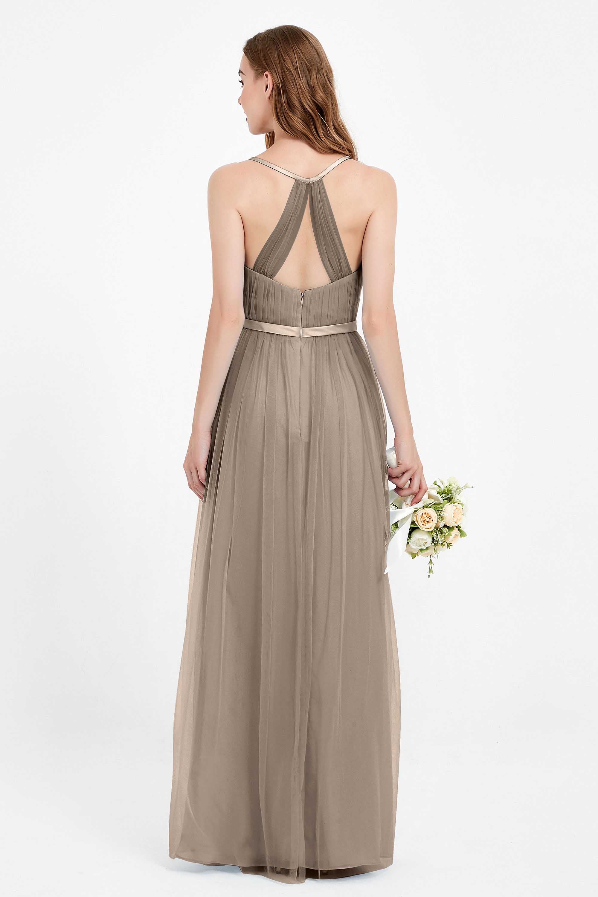 romantic maxi bridesmaid dress features a V neckline empire waist pleated formal evening dresses