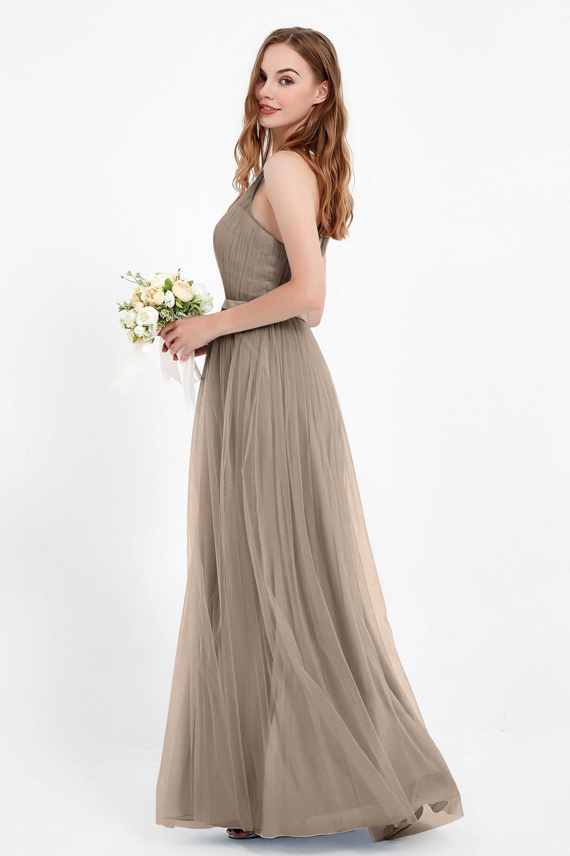 romantic maxi bridesmaid dress features a V neckline empire waist pleated formal evening dresses