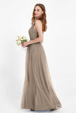 romantic maxi bridesmaid dress features a V neckline empire waist pleated formal evening dresses