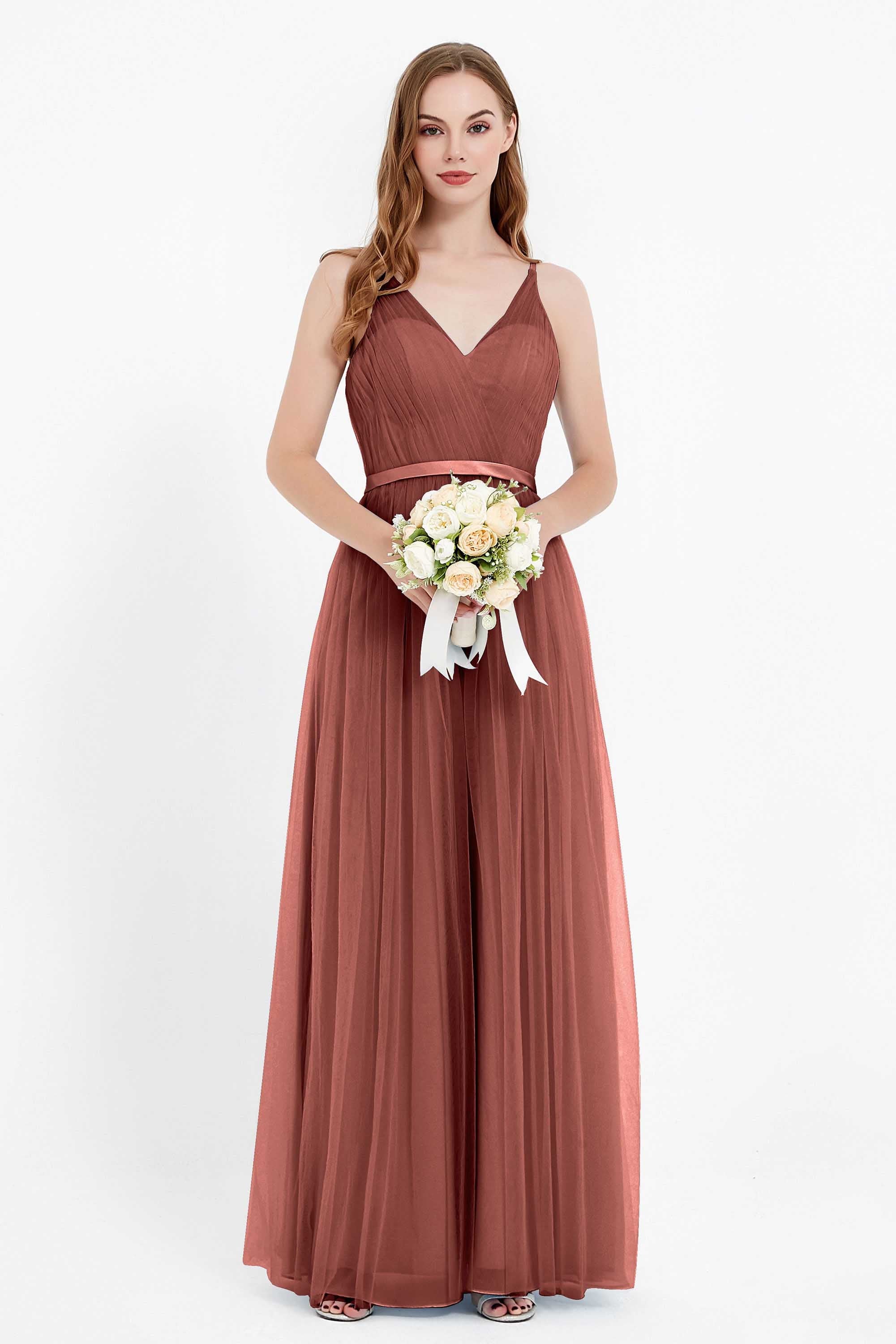 romantic maxi bridesmaid dress features a V neckline empire waist pleated formal evening dresses