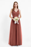romantic maxi bridesmaid dress features a V neckline empire waist pleated formal evening dresses