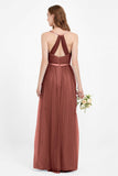 romantic maxi bridesmaid dress features a V neckline empire waist pleated formal evening dresses
