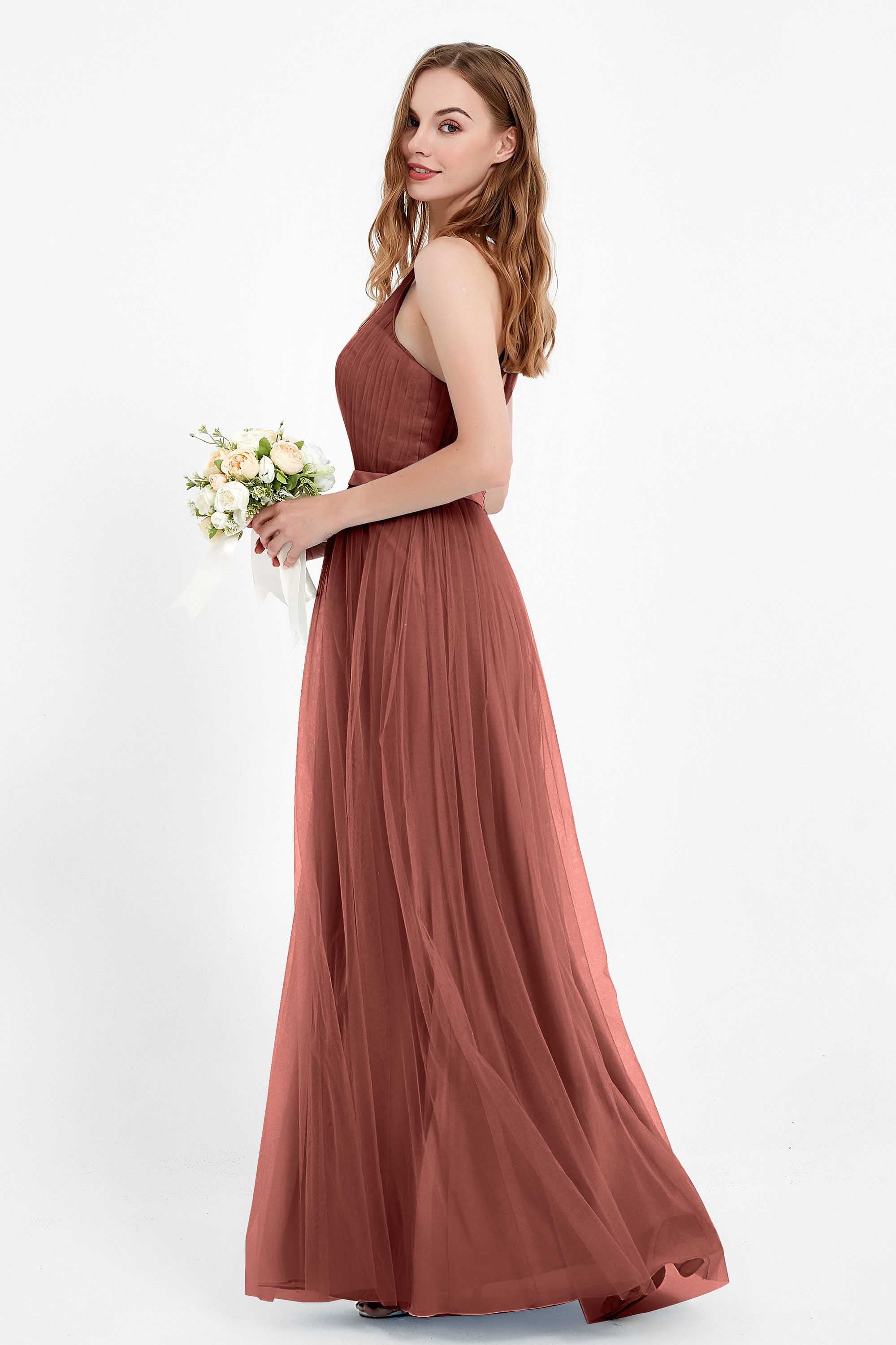 romantic maxi bridesmaid dress features a V neckline empire waist pleated formal evening dresses