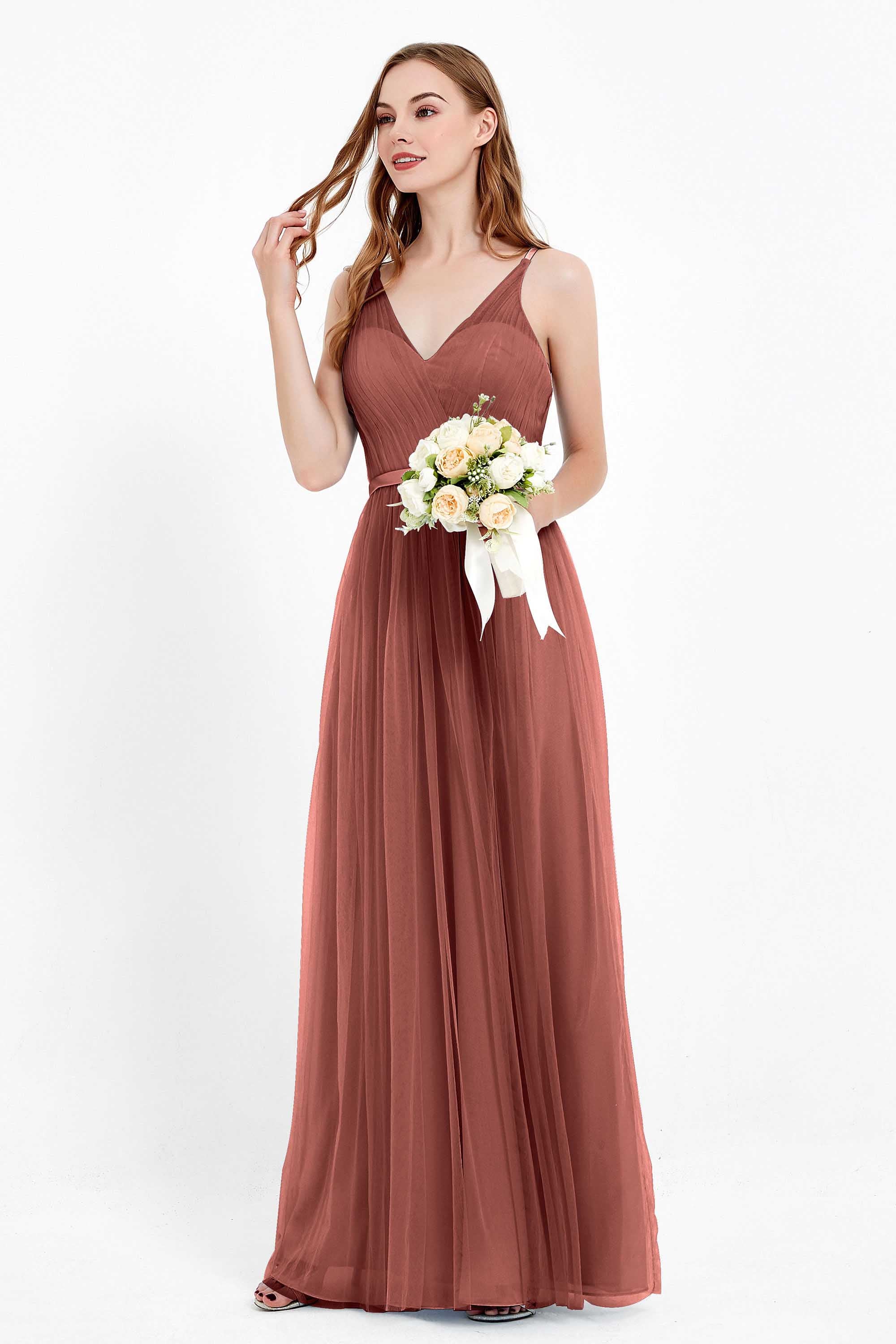 romantic maxi bridesmaid dress features a V neckline empire waist pleated formal evening dresses