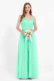 romantic maxi bridesmaid dress features a V neckline empire waist pleated formal evening dresses