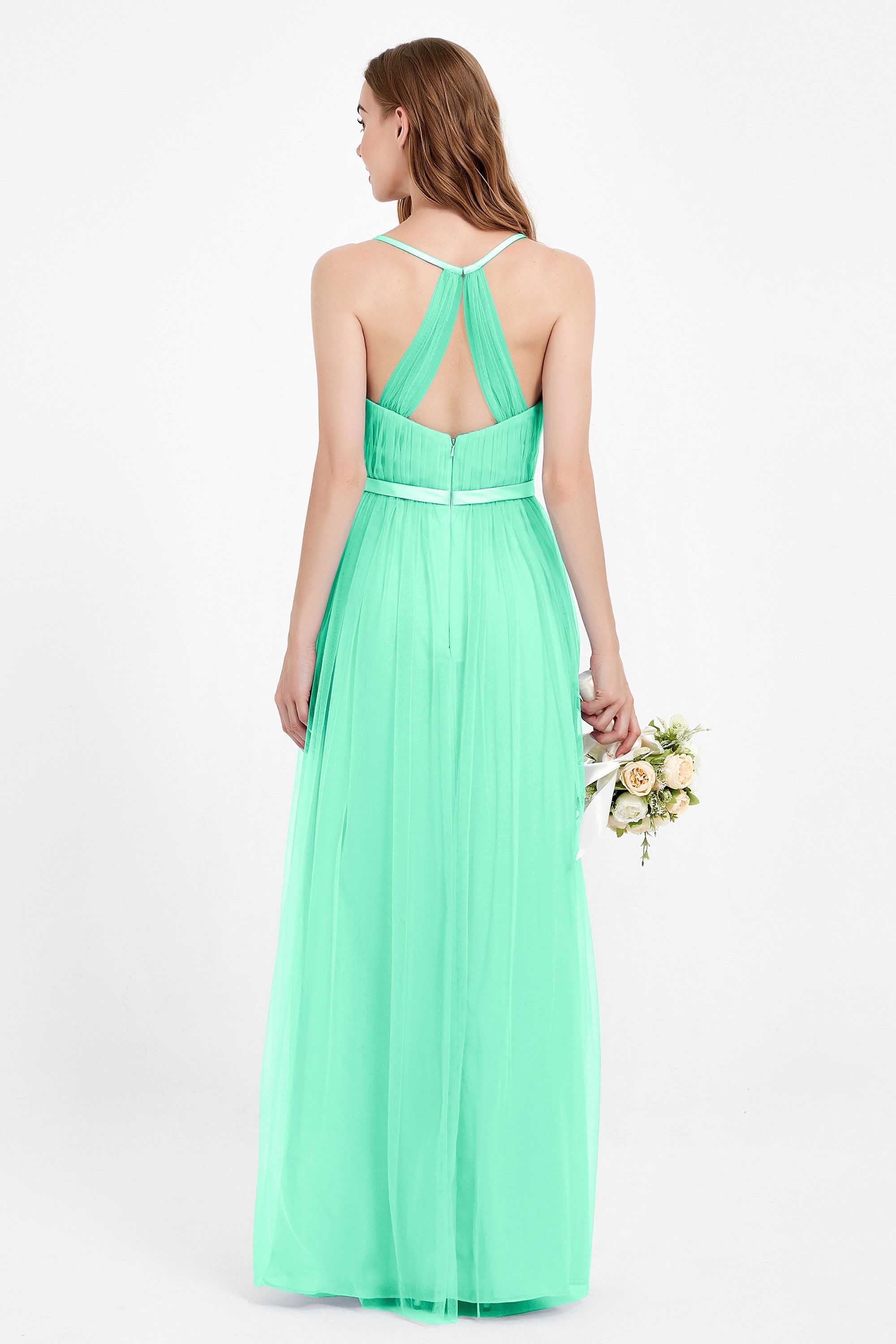 romantic maxi bridesmaid dress features a V neckline empire waist pleated formal evening dresses