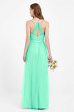 romantic maxi bridesmaid dress features a V neckline empire waist pleated formal evening dresses