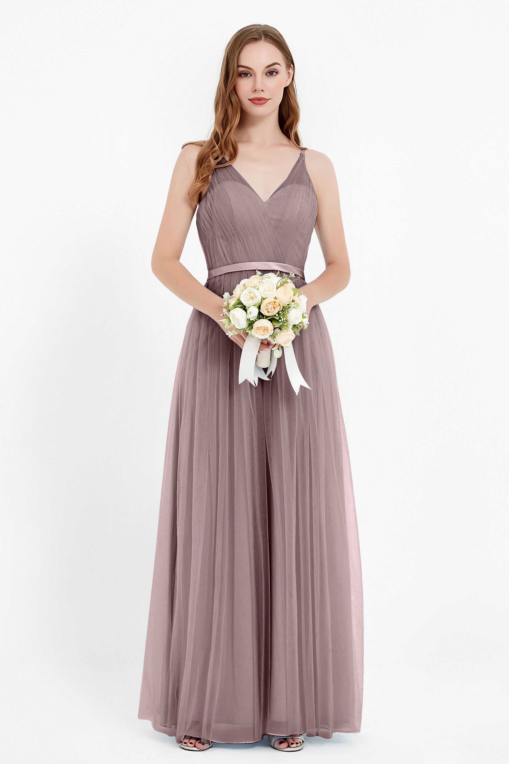 romantic maxi bridesmaid dress features a V neckline empire waist pleated formal evening dresses