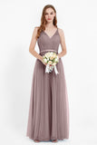 romantic maxi bridesmaid dress features a V neckline empire waist pleated formal evening dresses