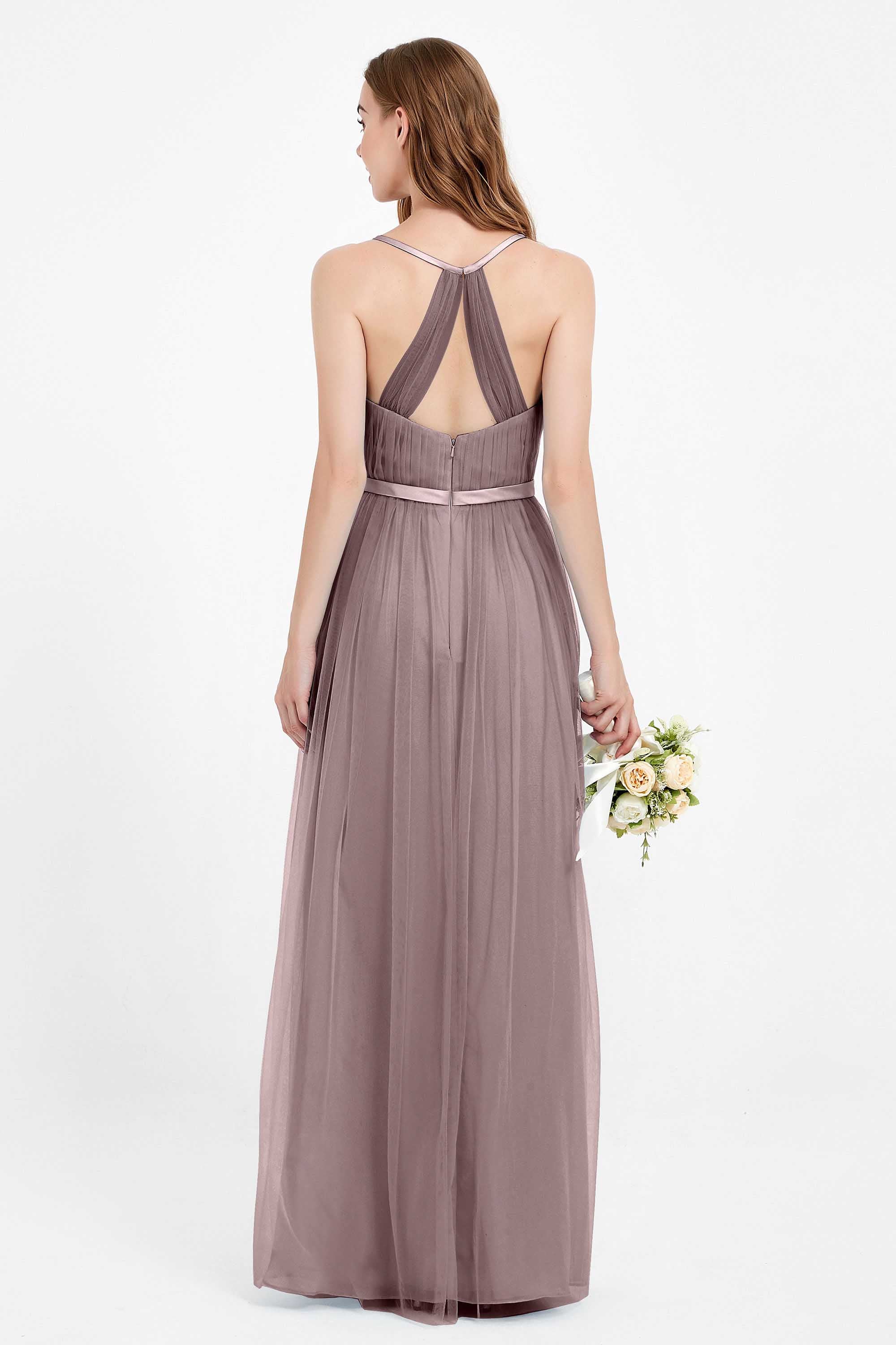 romantic maxi bridesmaid dress features a V neckline empire waist pleated formal evening dresses