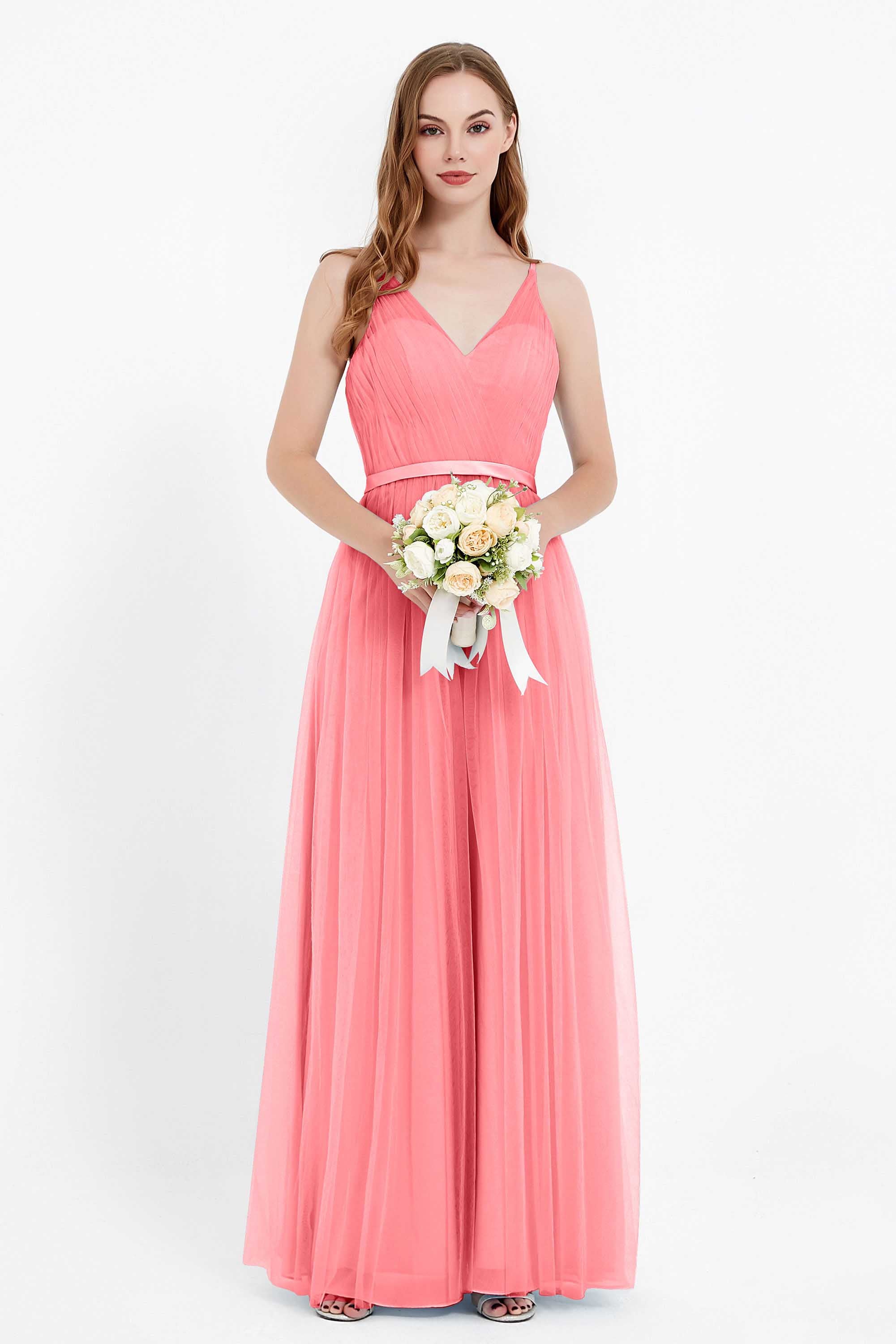 romantic maxi bridesmaid dress features a V neckline empire waist pleated formal evening dresses