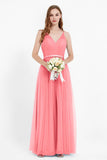 romantic maxi bridesmaid dress features a V neckline empire waist pleated formal evening dresses
