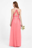 romantic maxi bridesmaid dress features a V neckline empire waist pleated formal evening dresses
