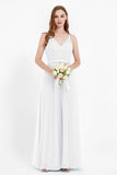 romantic maxi bridesmaid dress features a V neckline empire waist pleated formal evening dresses