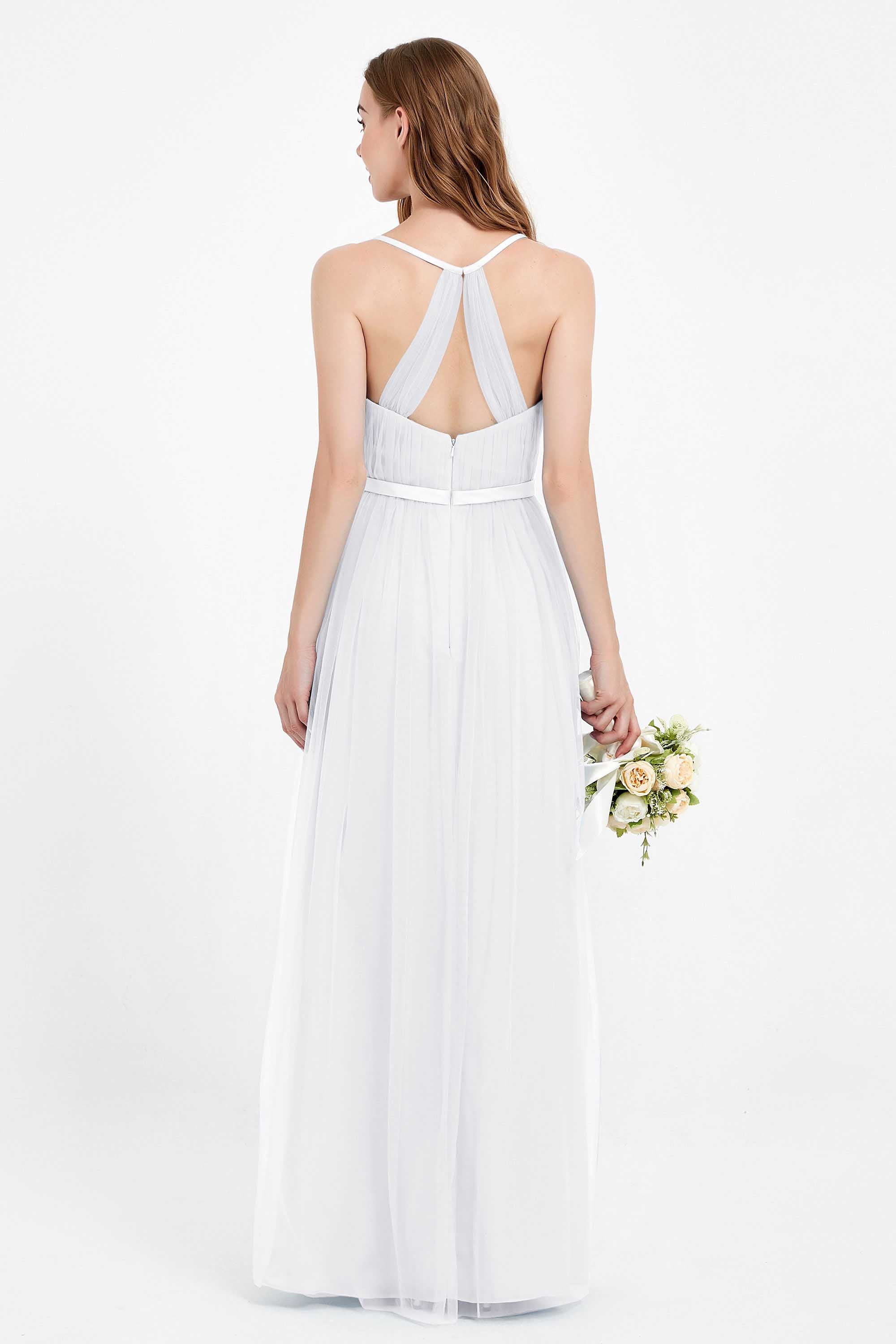romantic maxi bridesmaid dress features a V neckline empire waist pleated formal evening dresses