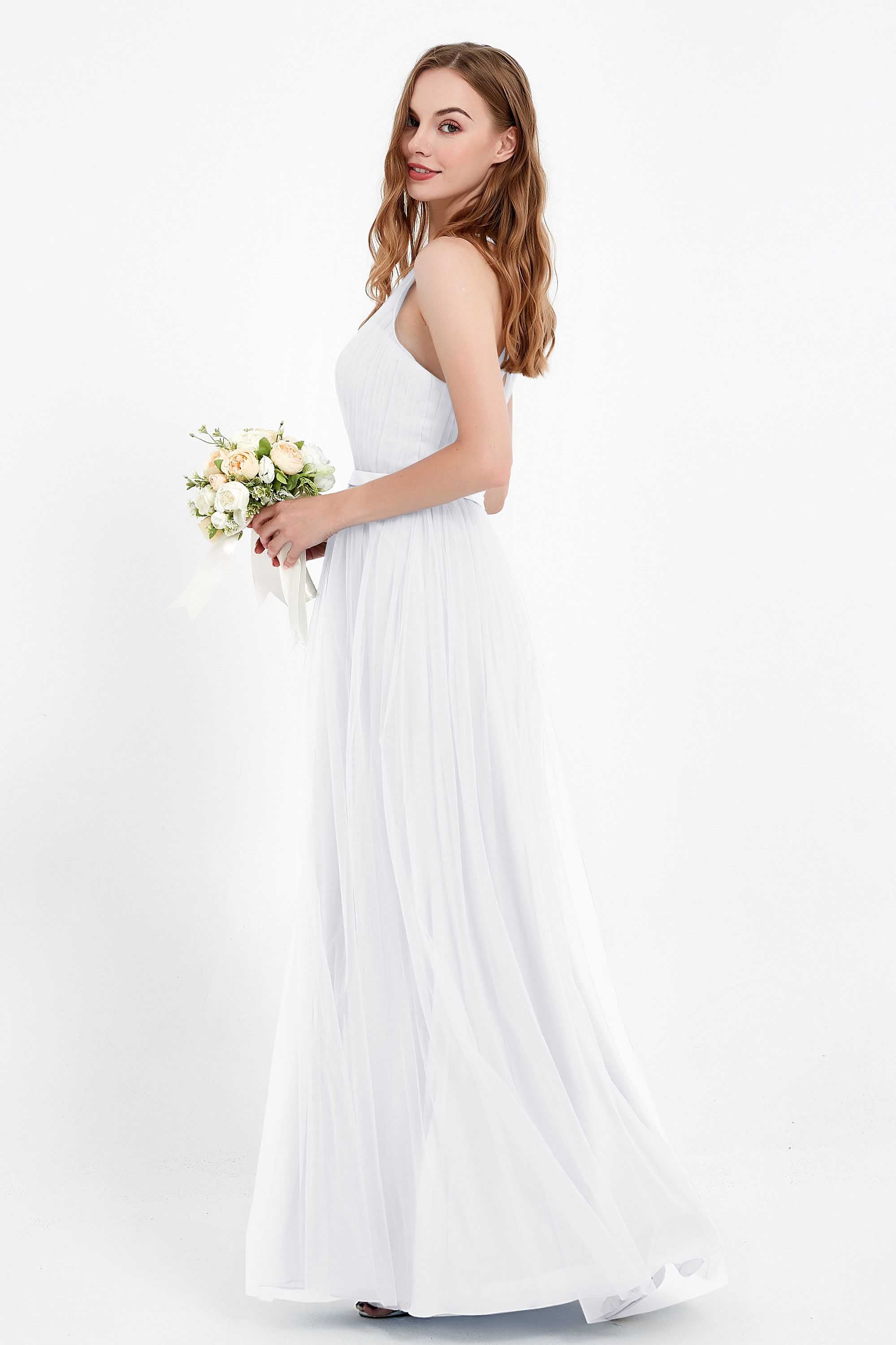 romantic maxi bridesmaid dress features a V neckline empire waist pleated formal evening dresses
