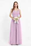 romantic maxi bridesmaid dress features a V neckline empire waist pleated formal evening dresses