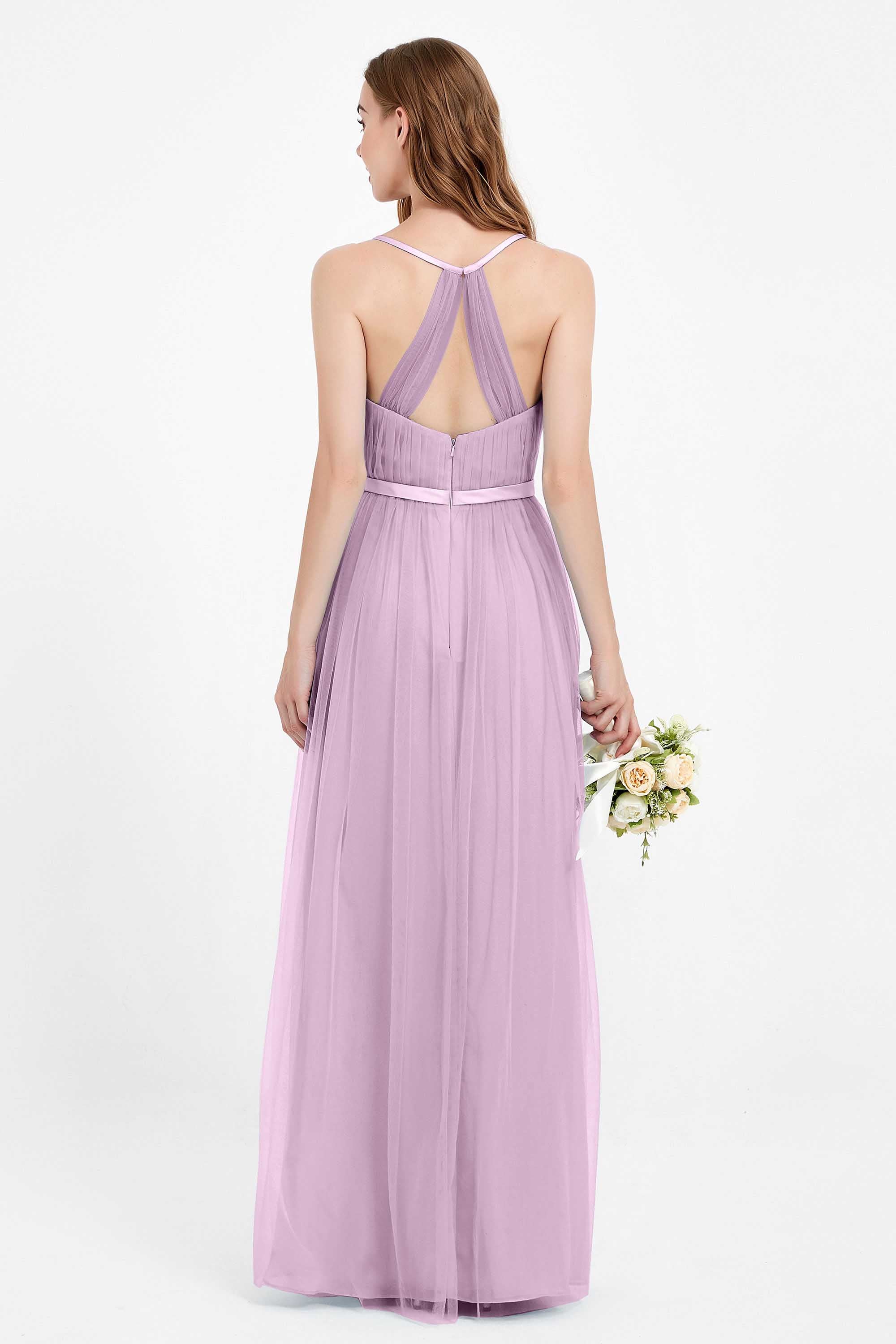 romantic maxi bridesmaid dress features a V neckline empire waist pleated formal evening dresses