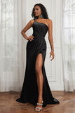 Stretch Satin One Shoulder Formal Evening Prom Dress Sleeveless Ruched Bridesmaid Dresses