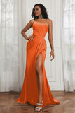 Stretch Satin One Shoulder Formal Evening Prom Dress Sleeveless Ruched Bridesmaid Dresses